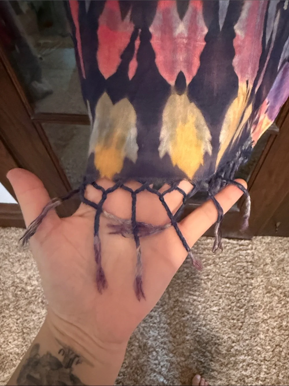 Earthbound Trading Co Womens Tie Dye Hooded Poncho Fringe Purple Pink‎ OSFM